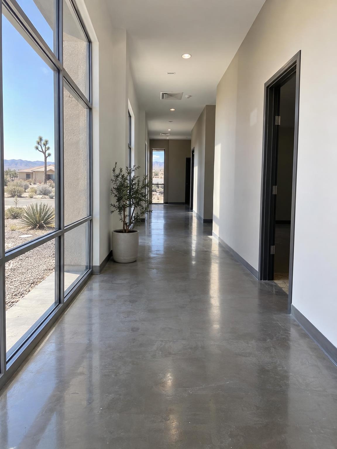 A finished commercial corridor with polished floors