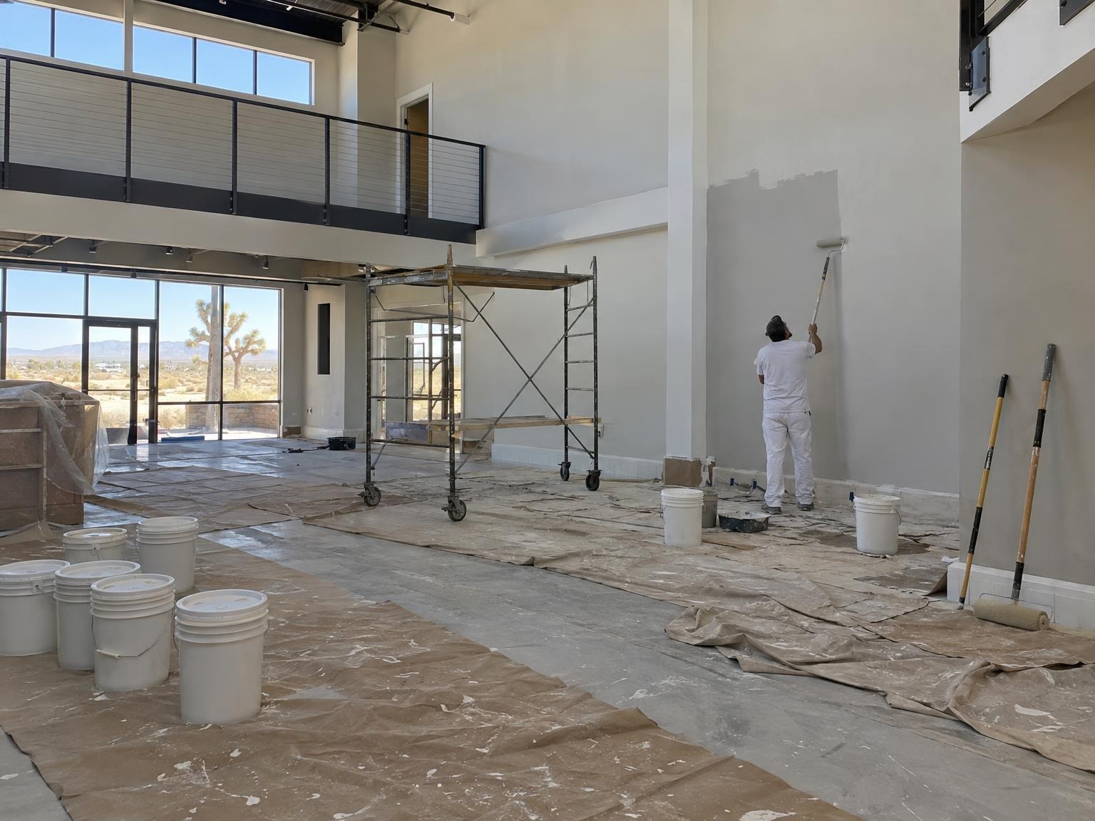 Large commercial interior mid-job with paint buckets on a masked floor and a painter rolling a tall wall