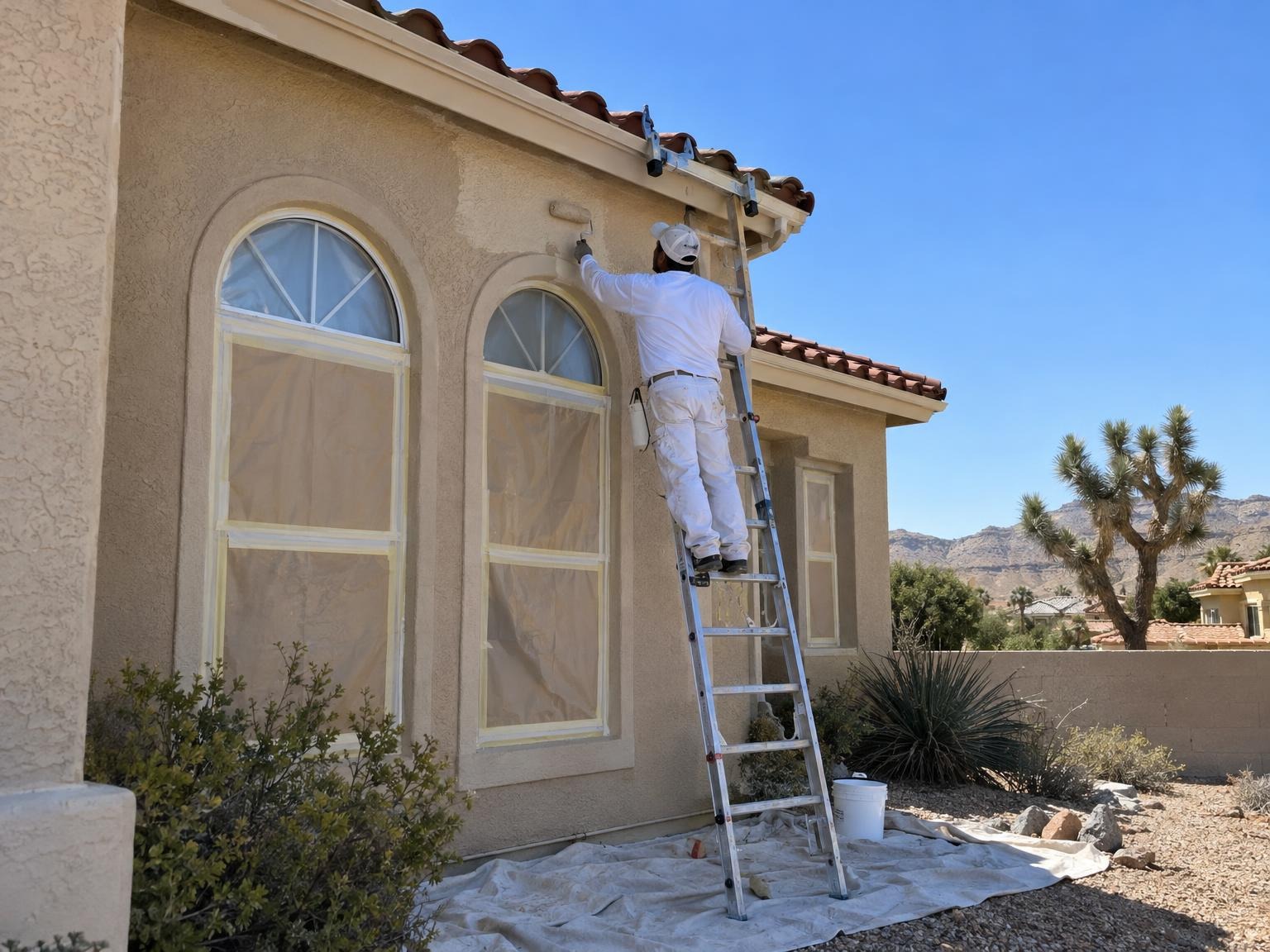 Painter on a ladder at a two-story stucco home