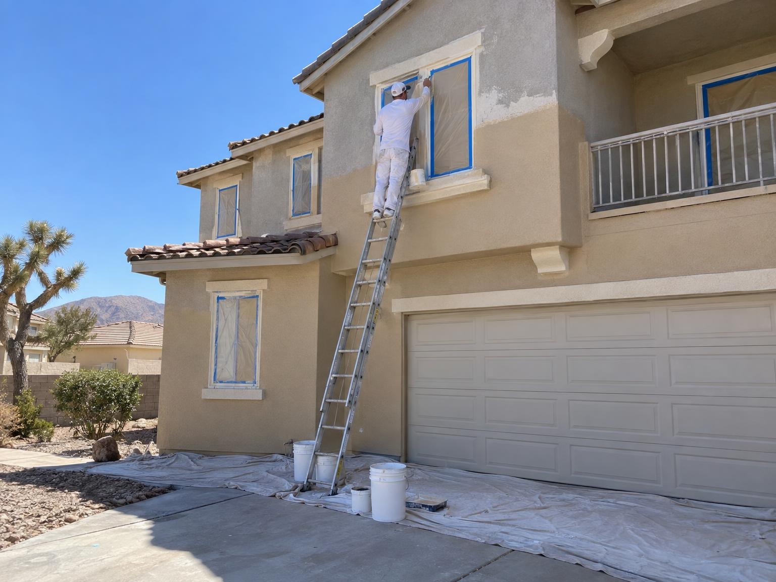 Painter on a ladder working on the trim of a two-story stucco home
