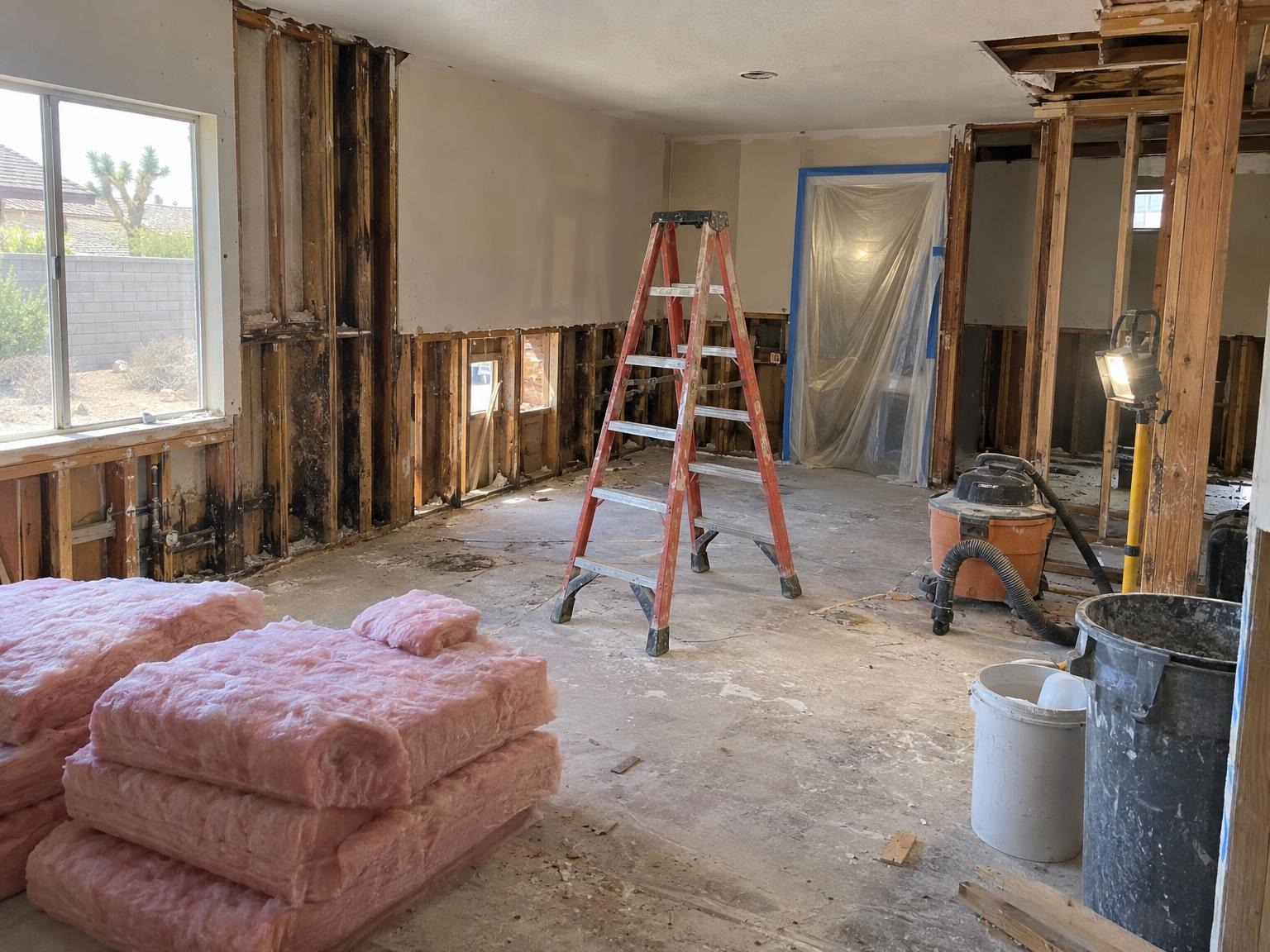 Walls opened to the framing during restoration work