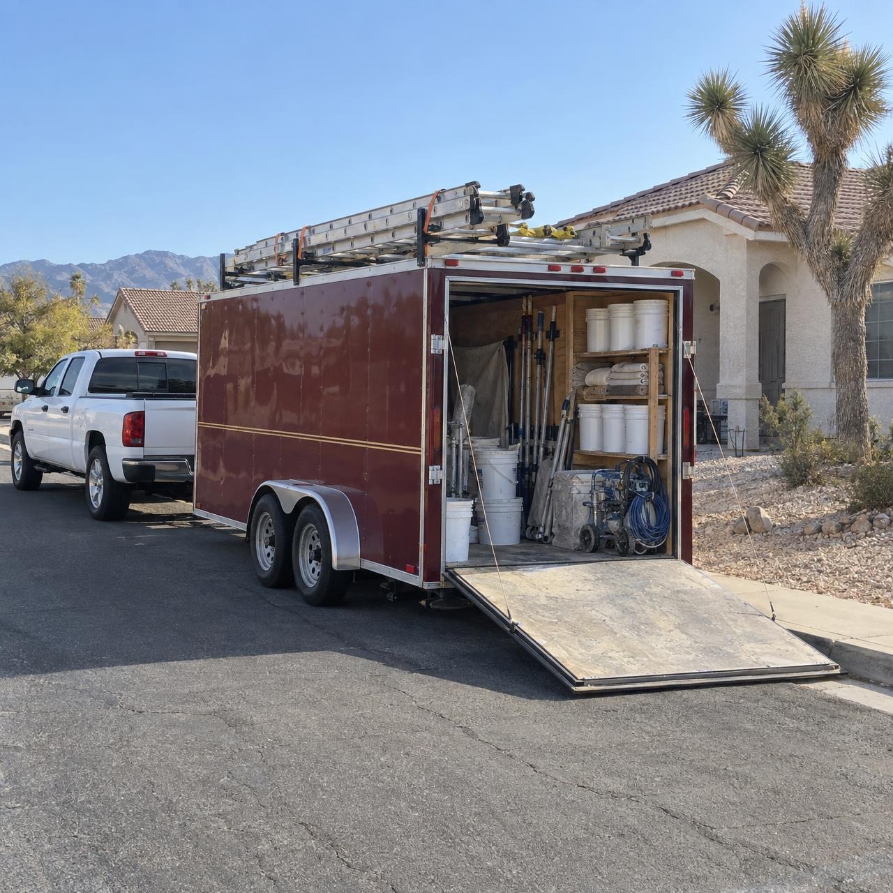 The family's work trailer, painted oxblood with a gold pinstripe, ladders on the rack